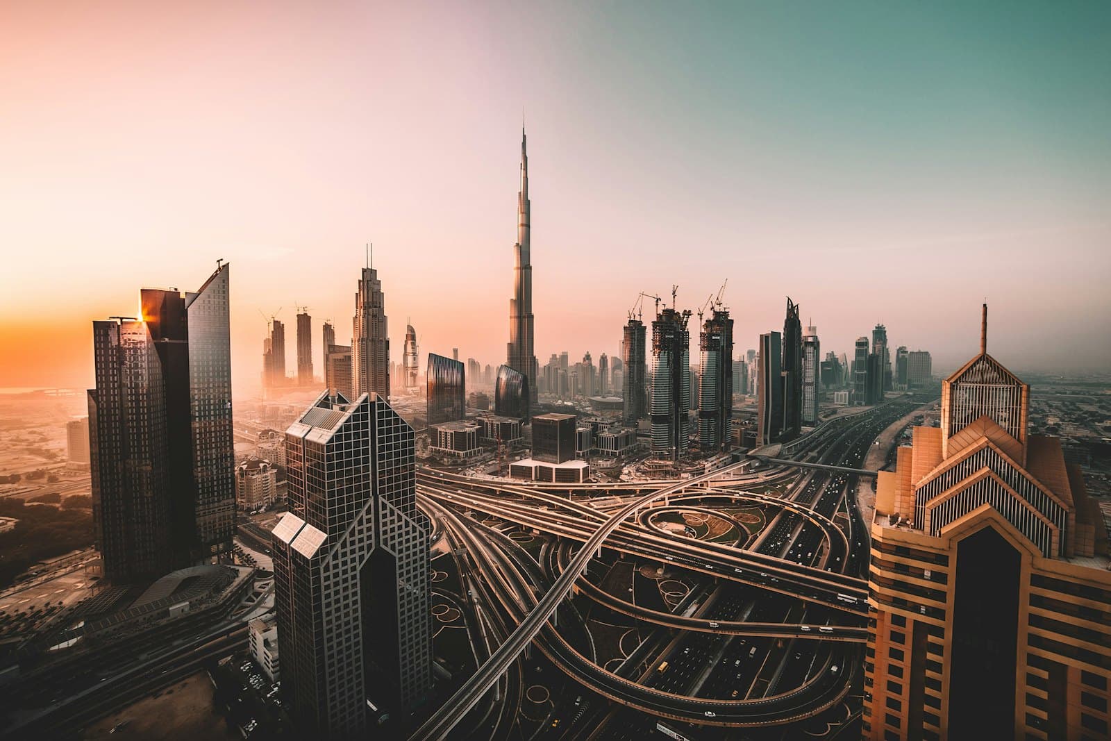 Dubai skyline at sunrise, seen from above